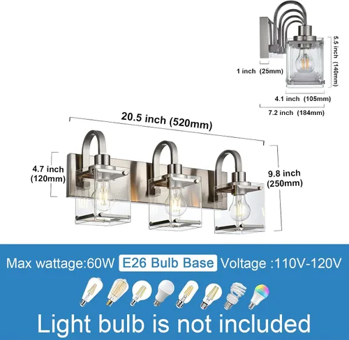 Vista 6 de Lámparas de tocador de baño de 3 luces, modernas luces de tocador con pantalla de vidrio transparente, lámpara de pared de níquel cepillado