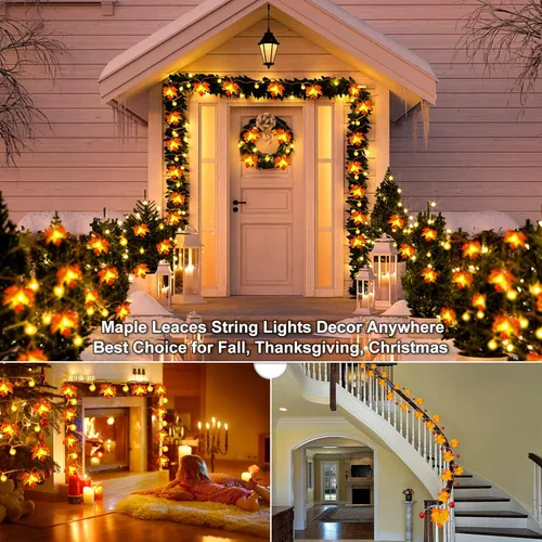 Vista 7 de Guirnalda de hojas de arce iluminada de 32 pies, decoración de otoño de Acción de Gracias, Halloween, otoño, 100 LED, funciona con USB, impermeable