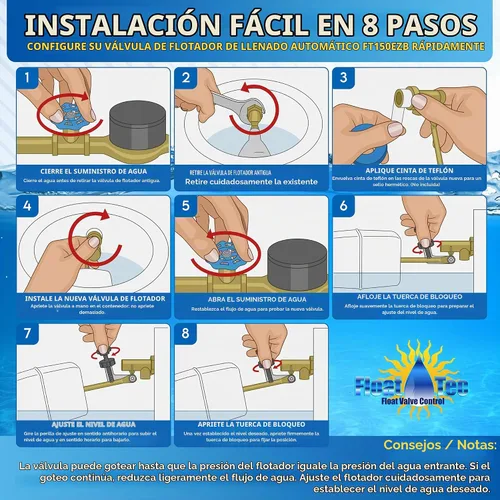 Vista 6 de Float Tec EZ - Válvula de flotador de repuesto de latón de 3/8 pulgadas, rosca macho NPT con brazo de 3 pulgadas para llenado automático, piscinas