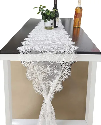 Vista 5 de 10 caminos de mesa de encaje blanco de 120 x 14 pulgadas, camino de mesa bohemio vintage con flores para banda de silla, camino de mesa rústico