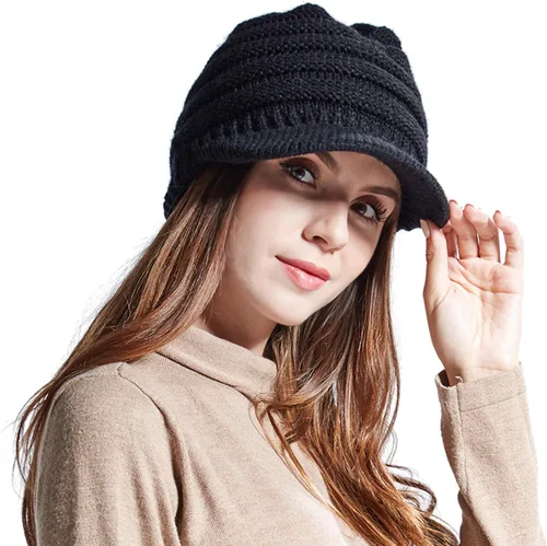 Vista 5 de Boina de invierno para mujer, con Bluetooth, gorro de algodón cálido para pintor, con visera de ganchillo, Negro