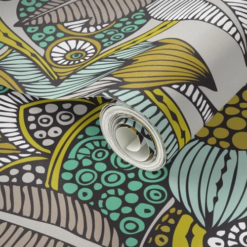 Vista 2 de Muestras de papel tapiz para despegar y pegar, mostaza, menta, flores, garabatos, líneas, puntos, círculos, estilo vintage, bohemio, papel tapiz