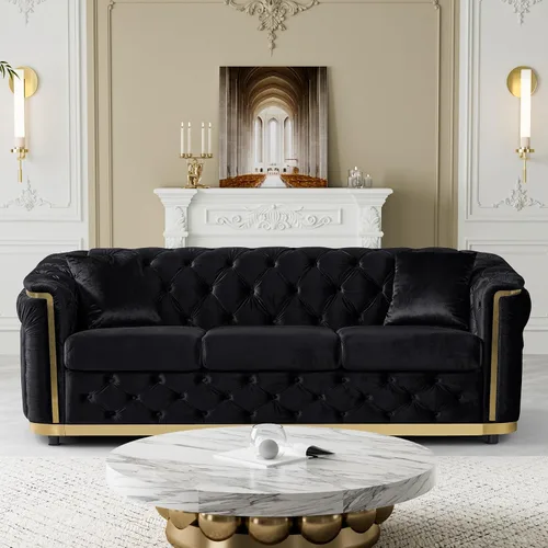 Vista 20 de Sofá Chesterfield de terciopelo de 62.5 pulgadas con respaldo copetudo y detalles dorados, beige Blanco