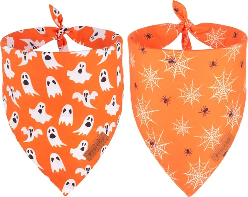 Vista 17 de PTDECOR Bandana de Halloween para perro, bufanda festiva reversible para mascotas, varios tamaños, bandanas triangulares de Halloween para cachorros