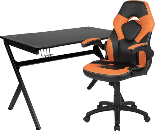 Vista 42 de Flash Furniture Juego de escritorio para juegos negro y silla de carreras blanco/negro con soporte para tazas, gancho para auriculares y soporte