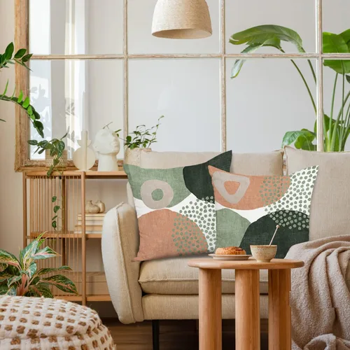 Vista 6 de Juego de 4 fundas de almohada modernas de mediados de siglo de 18 x 18 pulgadas, fundas de almohada geométricas bohemias para sofá al aire libre