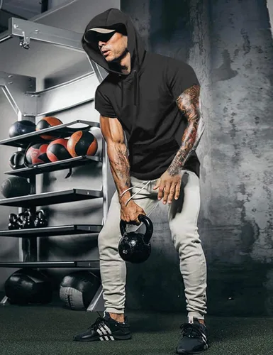 Vista 3 de COOFANDY Sudaderas deportivas de moda para hombre, ajuste muscular, para entrenamiento, gimnasio, sudadera de algodón de manga corta con capucha