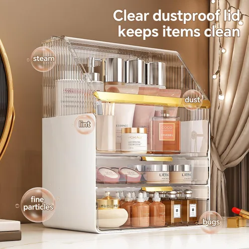 Vista 4 de Organizador de maquillaje para encimera con tapa, organizadores de cuidado de la piel para tocador, 3 niveles, almacenamiento de maquillaje