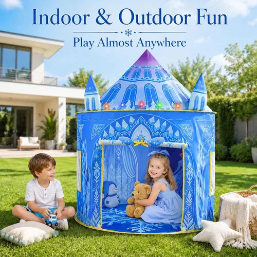 Vista 5 de Amplov Tienda de campaña desplegable de princesa, juguetes de Frozen para niñas, grande de 53" x 41" pulgadas, casa de juegos castillo de hielo