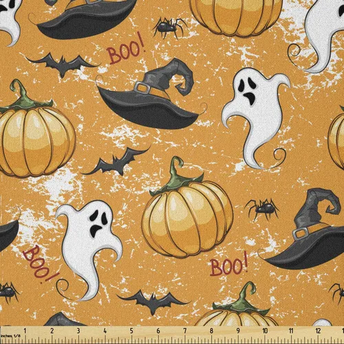 Vista 13 de Ambesonne The Yard, tela de calavera colorida con temática de Halloween, diseño de calavera y huesos cruzados, divertido estampado de dibujos