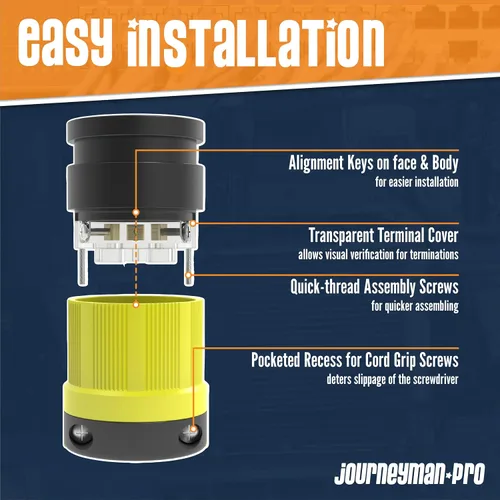 Vista 4 de NEMA TT-30R, 30 amperios, 125 voltios, conector hembra de remolque RV de hoja recta, grado industrial negro/amarillo, generador de conexión a tierra