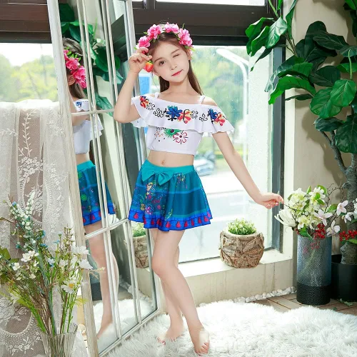 Vista 5 de Traje de baño de dos piezas para niñas con hombros descubiertos y volantes traje de baño de princesa