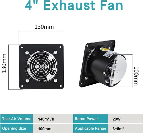 Vista 3 de Extractor de cocina de 4 pulgadas, ventilador de ventilación de ático montado en la pared de 20 W, 140 m³/h, con controlador de velocidad variable