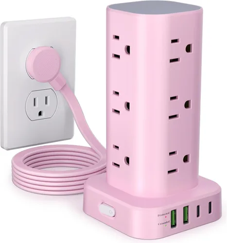 Vista 13 de Regleta de alimentación con cargador inalámbrico, protector de sobretensiones de enchufe plano con cable de extensión de 6 pies, 12 tomas