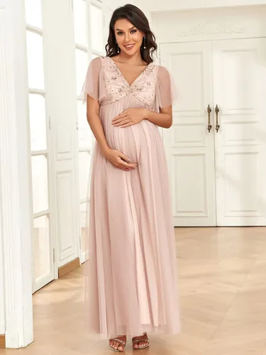 Vista 4 de Ever-Pretty Vestido de maternidad para sesión de fotos de maternidad con cuello en V y lentejuelas plisadas con mangas con volantes para mujer