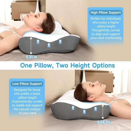 Vista 2 de Almohada cervical para el cuello con 2 alturas (5.31/3.54 pulgadas), almohada de cama tamaño Queen con funda de almohada refrescante, almohada