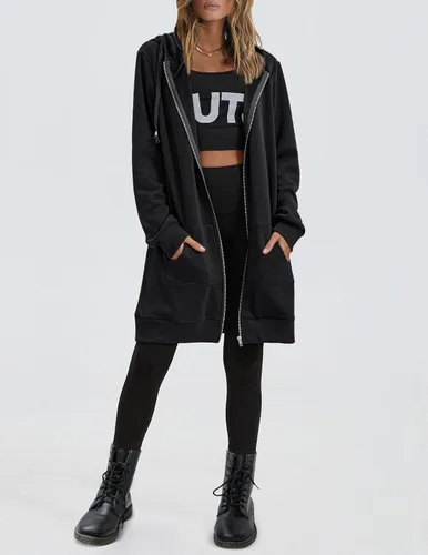 Vista 5 de Zeagoo - Sudadera con capucha y cremallera para mujer estilo informal con bolsillos de vellón larga