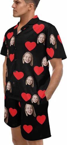 Vista 2 de Artsadd Pijamas personalizados a juego para parejas, para él y ella, conjunto de pijama corto con foto personalizada, para mujeres y hombres