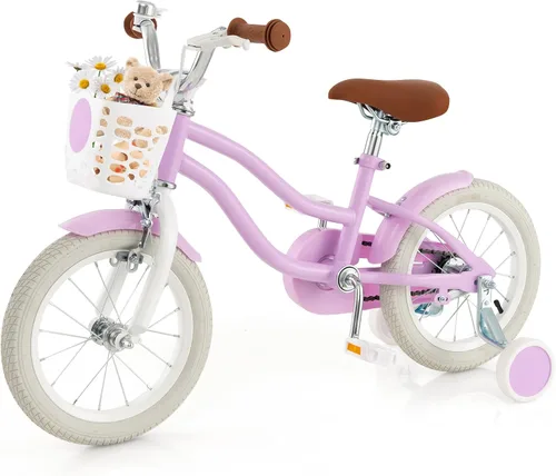 Vista 11 de COSTWAY Bicicleta para niños de 12, 14, 16, 18 pulgadas, bicicleta para niños con ruedas de entrenamiento, frenos de mano y posavasos, sillín