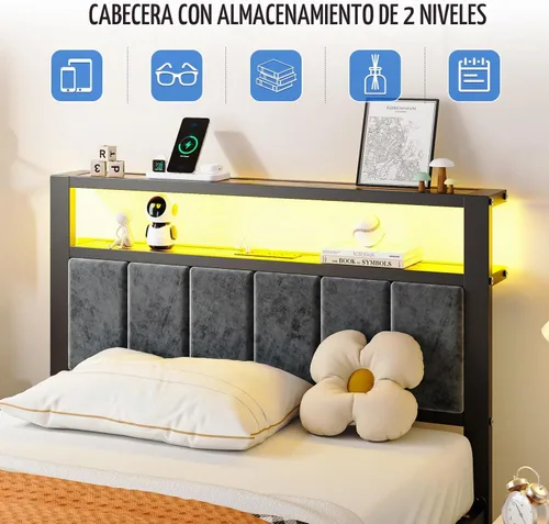 Vista 3 de Liians Base de cama tamaño individual con luces LED, cabecera tapizada gris Platform Bed with 2-Tier Storage Shelf, Charging Station, Noise Free