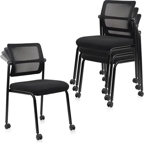 Vista 11 de CLATINA Silla de oficina apilable sin brazos con ruedas, sillas apilables de malla para recepción de invitados con respaldo ajustable para sala