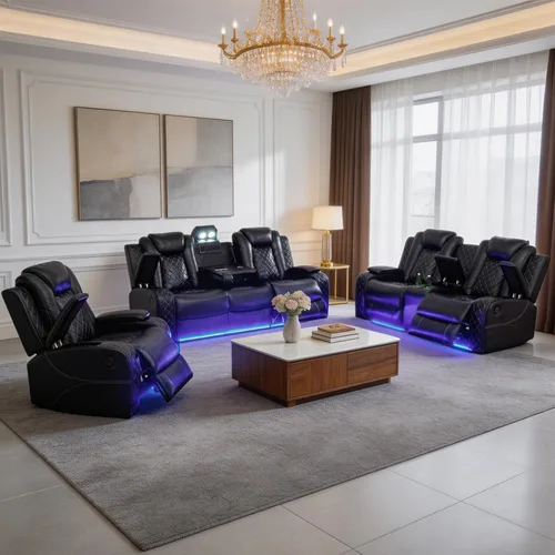 Vista 9 de Juegos de muebles de sala de estar, sofá modular reclinable eléctrico con luces LED, juego de sofá de cuero, sofá reclinable para sala de estar