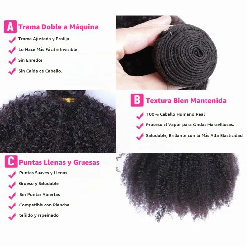 Vista 4 de Mongol afro rizado rizado paquetes cabello humano 8 8 8 pulgadas color Paquetes Rizos Afro Kinky 1b