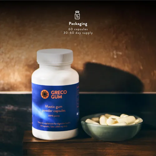 Vista 3 de Cápsulas de masilla de 500 mg - Suplemento griego Chios Mastiha para la salud intestinal, apoyo digestivo y alivio de la hinchazón - Polvo de goma