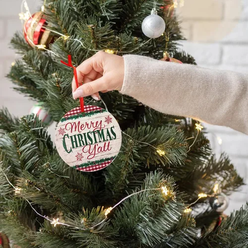 Vista 5 de Adorno de Navidad de cerámica para colgar en el árbol de Navidad, adorno redondo de Navidad con cinta, bola de Navidad como regalo para padres
