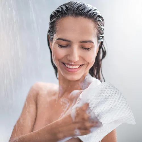 Vista 4 de 4 piezas de red africana de baño de esponja exfoliante corporal de poliéster para limpieza corporal de ducha, exfoliante de espalda, paño de baño