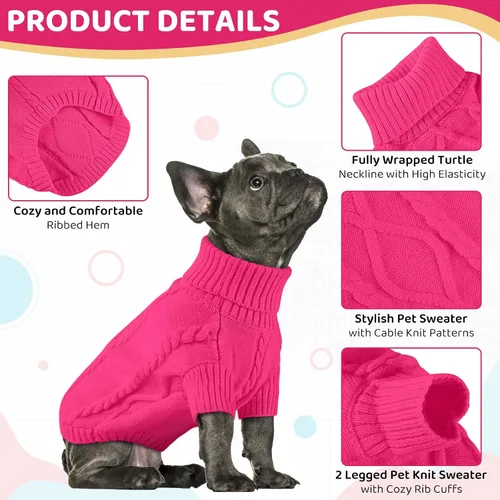 Vista 37 de Queenmore - Suéter de punto trenzado con cuello alto para perros pequeños, para climas fríos, para chihuahua, bulldog, teckel, carlino y yorkie, XS