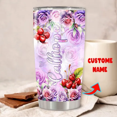 Vista 2 de Vaso personalizado de cereza con tapa, flores, colorido, nombre personalizado, taza aislada, taza de viaje para niñas, mujeres, amantes