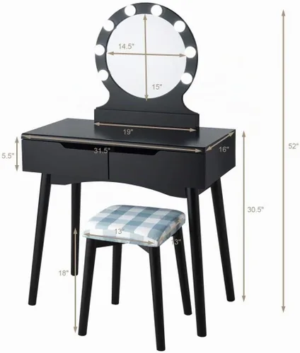 Vista 7 de Set de mesa de tocador Giantex con 8 bombillas y interruptor táctil, mesa de maquillaje para niñas princesa con espejo redondo grande, 2 cajones