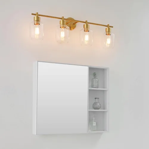Vista 3 de Globe Electric 52083 Cannes - Lámpara de tocador de 4 luces, latón mate, pantallas de cristal opal, bombilla no incluida