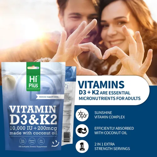 Vista 3 de Vitamina D3 10,000 UI + K2 200 mcg, 300 cápsulas blandas Aceite de coco Apoyo 2 en 1 para huesos, inmunes y cardíacos Fácil de tragar, sin OMG