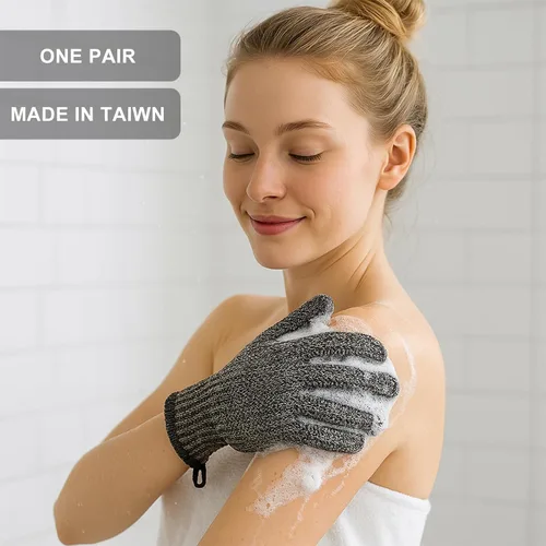 Vista 6 de Guantes exfoliantes con lazo para colgar, 1 par de guantes de baño y ducha de carbón de bambú, guantes de baño para exfoliación de ducha y cabello