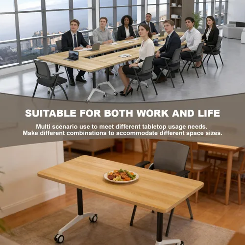 Vista 5 de Mesa de conferencias con tapa abatible, mesa modular plegable para sala de conferencias con ruedas, mesa de sala de reuniones con ruedas, mesa Hoja