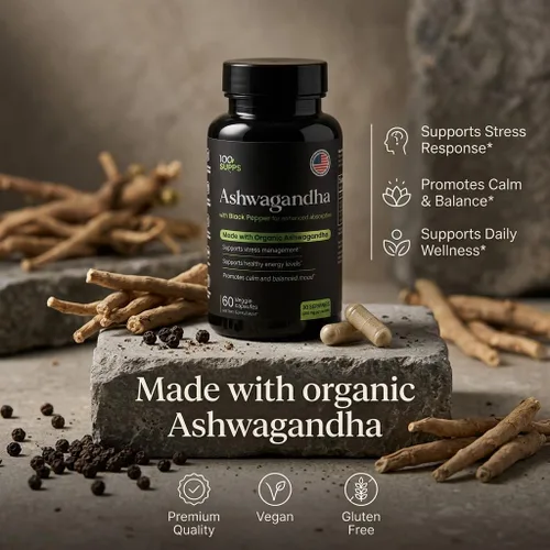 Vista 2 de Cápsulas de Ashwagandha con extracto de pimienta negra 4:1 (10 mg), hechas con polvo de Ashwagandha orgánico, 1200 mg por porción, 60 cápsulas