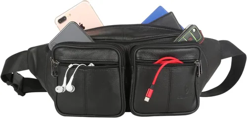 Vista 7 de Riñonera de piel auténtica, bolsa de cintura, organizador con cinturón ajustable, múltiples bolsillos para hombres y mujeres, Negro-878 Grande, L