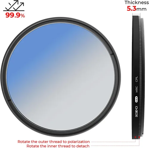 Vista 2 de Beschoi Filtro polarizador de 1.457 in, filtro polarizador circular multicapa de 30 capas con revestimiento nano multicapa (CPL) con vidrio óptico