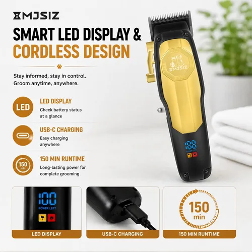 Vista 5 de Kit de aseo para perros, gatos, mascotas, cortapelos inalámbricos Negro dorado