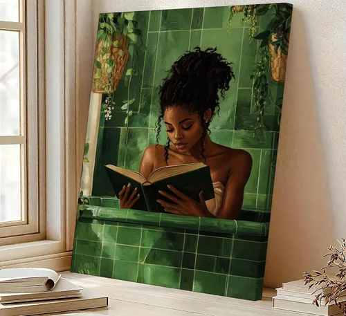 Vista 6 de Lienzo de mujer afroamericana, arte de pared de niña negra leyendo en el baño, imagen de arte de pared verde simplicidad mujer negra, póster