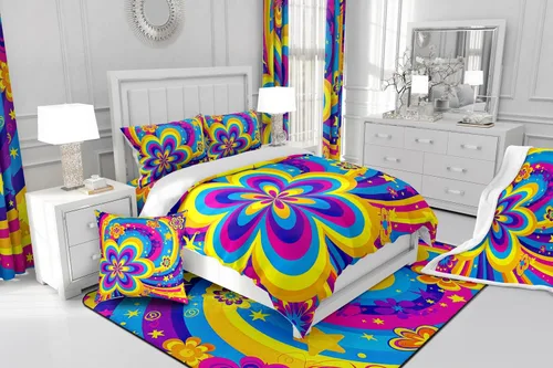 Vista 4 de Groovy Flowers - Funda de edredón de flores hippy girl, juego de ropa de cama con diseño de flores de arco iris, espiral, rayas, floral, juego