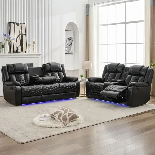 Vista 10 de Sofá reclinable manual con cargador inalámbrico para sala de estar, 3 plazas eléctrico de cuero con reclinable, juego de sofá reclinable de 3