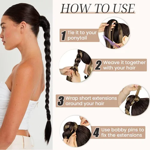 Vista 4 de HAIRCUBE Extensión de cabello sintético suave y natural para mujer, cola de caballo larga trenzada con banda elástica y banda elástica para el Negro