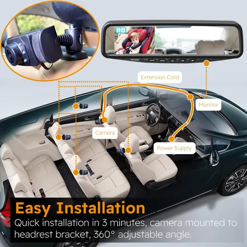 Vista 4 de 1080P HD - Monitor de espejo para bebé, cámara de coche de bebé con monitor de coche de bebé de 4.3 pulgadas, cámara de asiento trasero de coche