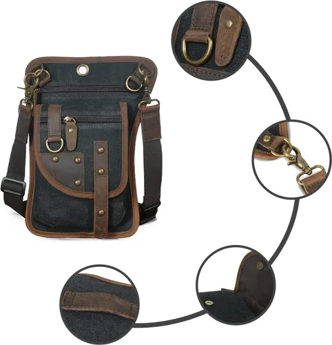 Vista 2 de Handadsume Lona resistente al agua + cuero para motocicleta, viajes, riñonera de viaje, bolsa de pierna para hombres y mujeres FB2141, 2141-negro