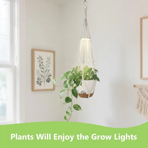 Vista 3 de Macetas colgantes para plantas de interior: paquete de 2 perchas de macramé con luces de cultivo y macetas de riego automático, macetas colgantes