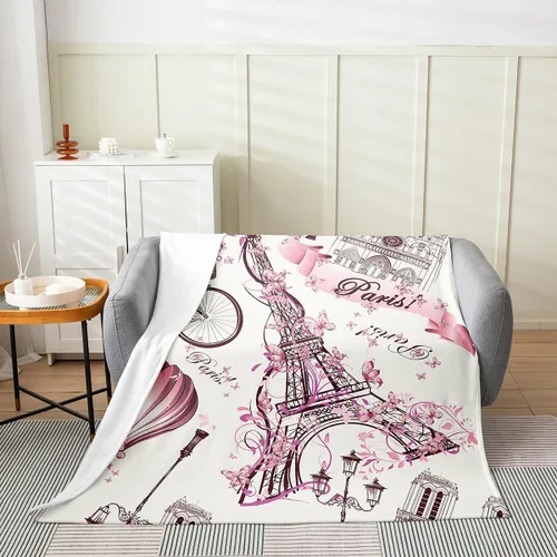Vista 2 de Erosebridal Manta de la Torre Eiffel de 40 x 50 pulgadas, manta romántica de forro polar de París rosa para niñas, adultos, mujeres y parejas, manta