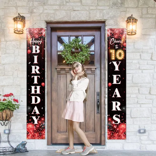 Vista 4 de Letrero de feliz cumpleaños número 10 para puerta, color rojo y negro, decoración temática de fiesta de cumpleaños con purpurina para niños y niñas